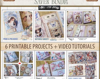 May include: A collage of six printable projects for paper crafting, including a Pride & Prejudice album kit, a Butterfly Society folding folio, an Accordion Folio journal kit, a Wonderland folding folio project, a Whimsy of Joy mini journal album folder, and a Quirky Summer Town project. Each project includes a video tutorial.