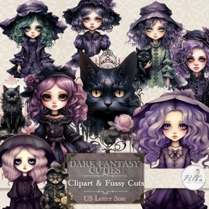 ファンタジーハロウィンジャンクジャーナル ファジーカット - ダークファンタジークリップアート、ゴシックキュートガールズブラックキャット、ヴィンテージプリントステッカー＆装飾
