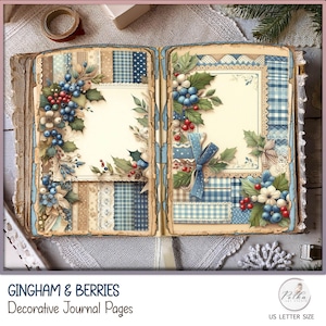 Diario de Navidad con cuadros vichy y bayas azules, páginas de diario de invierno, álbumes de recortes, paquete de papel vintage, descarga instantánea