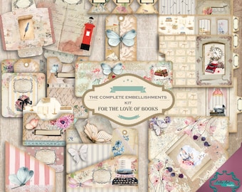 The Complete Embellishments Kit- &quot;For the love of books&quot; / 20 pages, Printable Instand download for junk journals / Tags, Pockets,Ephemera