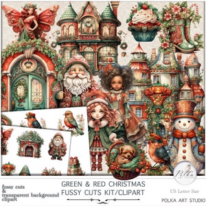 Colección navideña verde y roja con cortes Fussy Cuts de Junk Journal, descarga digital, Cricut, pegatinas digitales, efímeras victorianas, pegatinas para planificador