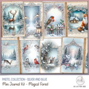 Diario digital navideño con páginas de diario victoriano vintage con bosque plateado y azul, paquete de papel decorativo de invierno, descarga instantánea