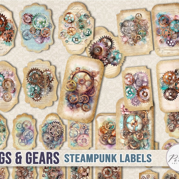 Junk Journal Steampunk Cogs and gears Labels and Tags Digi Kit, Printable Steampunk Craft Kit, Digital Download, papier vintage
