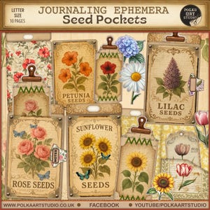 Puede incluir: Una colección de efímeras de sobres de semillas de estilo vintage para journaling. Los sobres presentan ilustraciones de varias flores, incluyendo rosas, girasoles y lilas, con etiquetas de texto. El diseño incorpora mariposas y una estética rústica.
