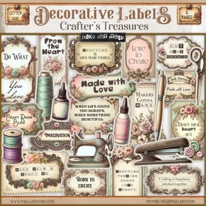 Kit de papier d'étiquettes éphémères vintage shabby chic pour carnet numérique, coupes difficiles, téléchargement imprimable mots & citations éphémères vintage