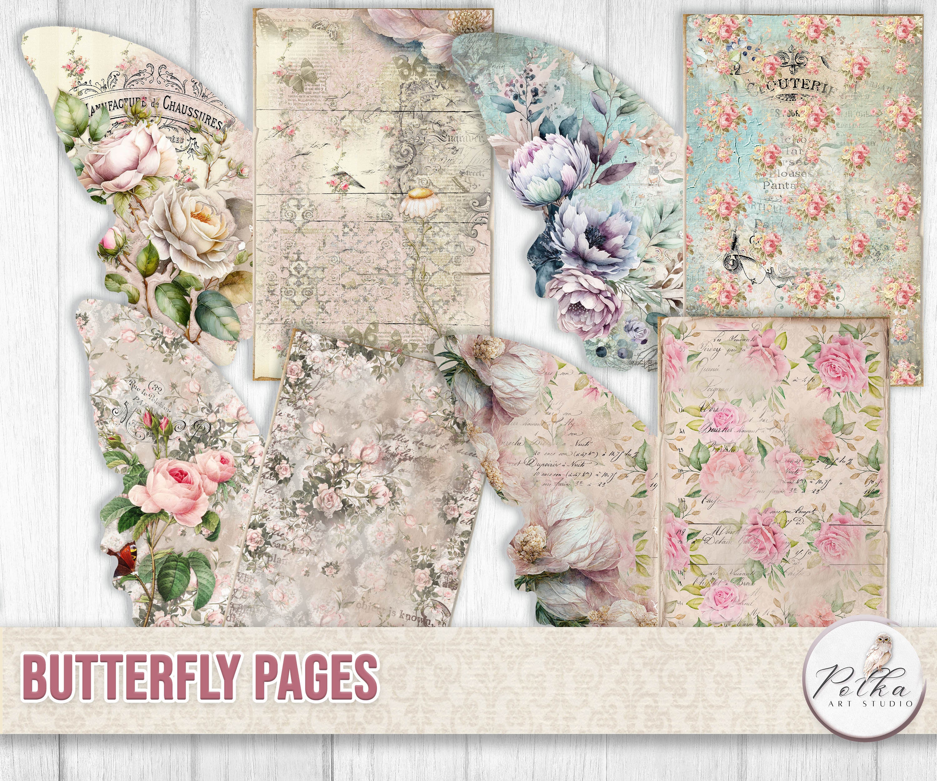 Butterfly Junk Journal Pages: Shabby Chic Floral Cut-outs (digital ...