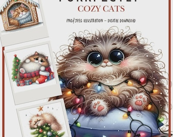Könnte beinhalten: Digitale Illustration einer flauschigen Katze mit großen Augen, geschmückt mit Lichterketten, die auf einem blauen Kissen ruht. Das Bild enthält drei kleinere Illustrationen von Katzen in festlichen Umgebungen, mit dem Text "PURRFECTLY COZY CATS".