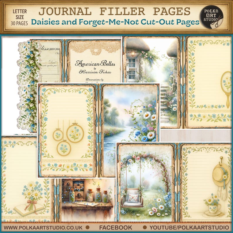 Pu&ograve; includere: Una collezione di pagine di riempimento per diario dall'estetica vintage. Le pagine presentano disegni floreali, tra cui margherite e nontiscordardim&eacute;, con una palette di colori crema, blu e verde. Il testo in alto recita "JOURNAL FILLER PAGES" e "Daisies and Forget-Me-Not Cut-Out Pages".