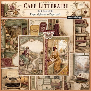 Puede incluir: Un kit de diario basura Café Littéraire que incluye páginas de papel, efímeros y elementos decorativos de estilo vintage. La colección contiene ilustraciones de una persona en bicicleta, una persona leyendo en un café, una máquina de escribir y estanterías.