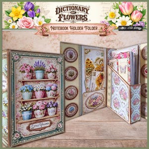 Puede incluir: Un portapapeles decorativo con temática floral. La portada presenta una estantería con flores en macetas, mientras que el interior muestra ilustraciones florales y un bolsillo. El texto "Dictionary of Flowers" y "Notebook Holder Folder" son visibles.