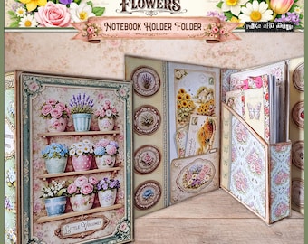 Junk Journal Notebook Holder Folder Kit – Shabby Chic Floral Printable Ephemera Set for Journaling Digital Download, Dictionary of Flowers