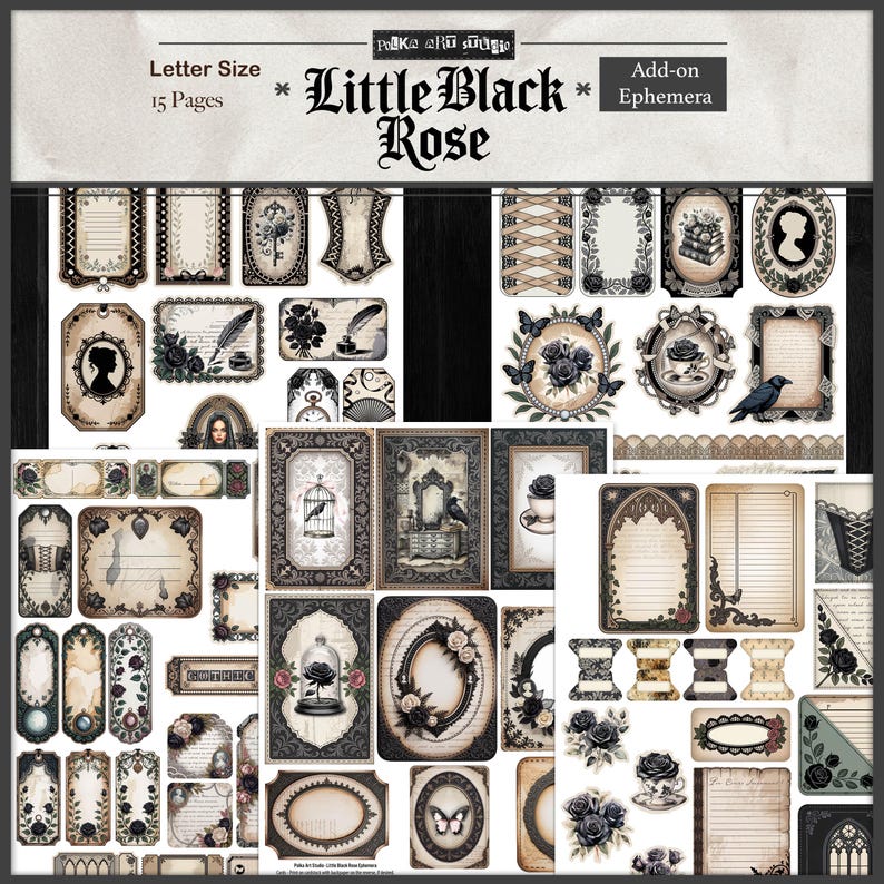 May include: A collection of vintage-style ephemera with a gothic theme. The designs feature black roses, silhouettes, ornate frames, and the text "Little Black Rose". Includes tags, labels, and decorative elements for crafting and scrapbooking.