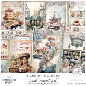 Diario navideño de fiesta de té invernal, páginas imprimibles digitales, té y pasteles victorianos de invierno, efímeras, páginas de collage