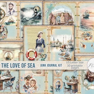 Kit digitale Junk Journal "Per amore del mare" Carte collage vintage nautiche stampabili, diario marino, album di ritagli, artigianato in carta acquerello