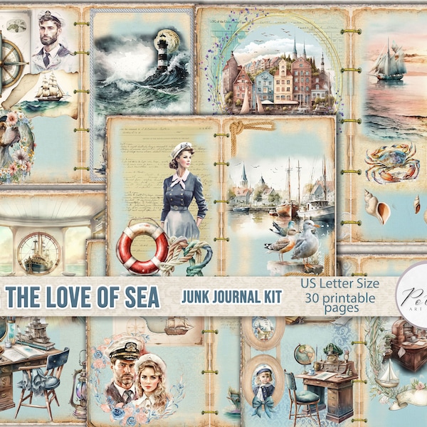 Junk Journal Digital Kit "For the love of sea" Printable Nautical Vintage Collage Papers, Marine Journal, Scrapbook, Watercolor Paper Craft