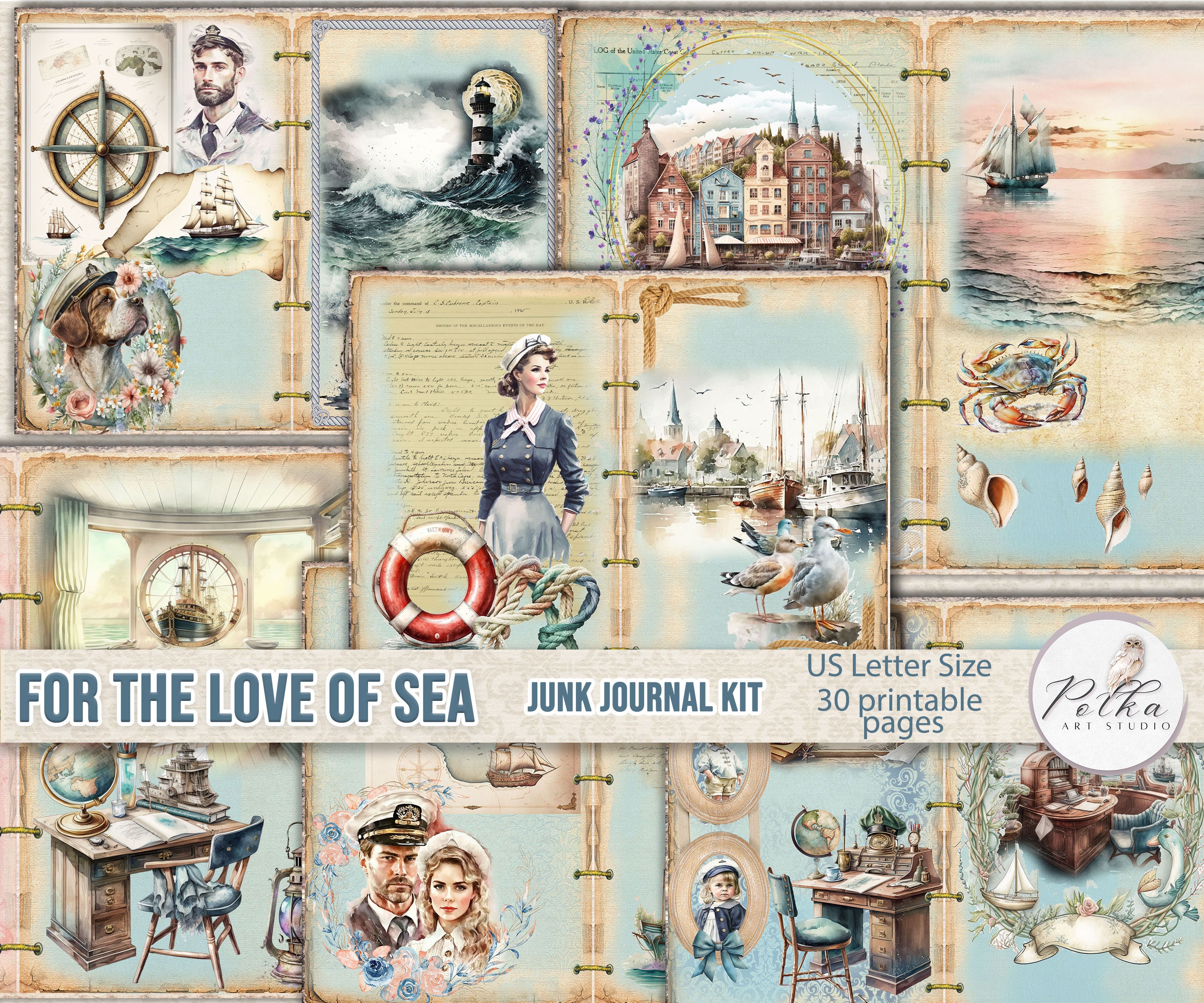 Junk Journal Digital Kit "For the love of sea" Printable Nautical Vintage Collage Papers, Marine Journal, Scrapbook, Watercolor Paper Craft