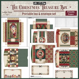 May include: A printable Christmas Treasure Box and envelope set. The design features festive illustrations with red, green, and gold accents. The set includes various box and envelope templates with holiday-themed imagery and text.