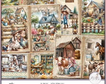 May include: A digital scrapbook kit with a farmhouse theme. The kit includes images of a farmhouse, animals, children, and other country-themed elements. The kit is designed for use in digital scrapbooking, card making, and other paper crafts.