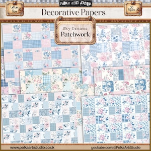 Diario basura Shabby Chic con flores azules y patchwork, páginas decorativas digitales neutras, paquete de papel, acuarela vintage, descarga instantánea