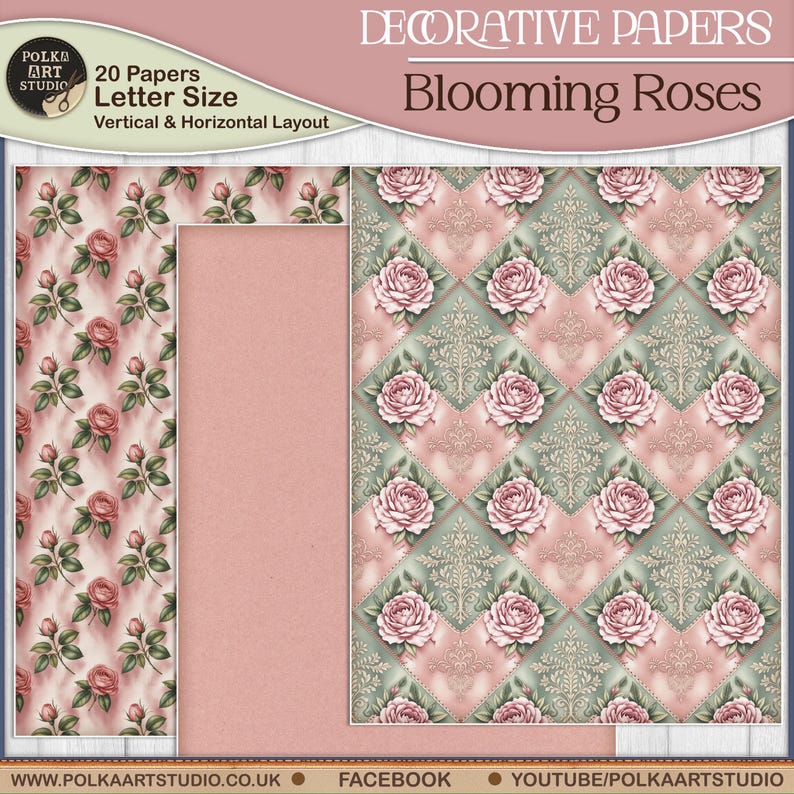 May include: Decorative papers with a floral theme. The papers feature a variety of patterns, including roses and damask designs. The color palette includes pink, green, and cream. The text on the image reads "Blooming Roses" and "20 Papers Letter Size".