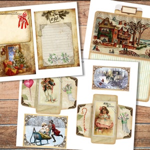 May include: A set of vintage Christmas-themed printable cards and envelopes. The cards feature illustrations of a snowy village, a child with a gift, and a Christmas tree. The envelopes have a rustic, aged look and include a candy cane and holly accents.