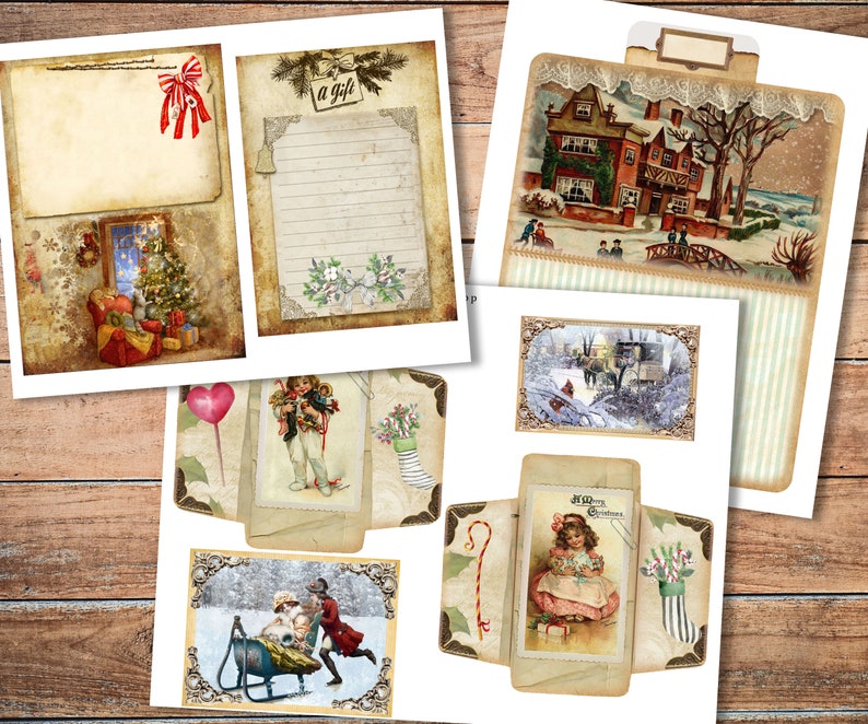 May include: A set of vintage Christmas-themed printable cards and envelopes. The cards feature illustrations of a snowy village, a child with a gift, and a Christmas tree. The envelopes have a rustic, aged look and include a candy cane and holly accents.