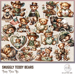 Digitale teddyberen kieskeurige sneden, antieke crafting versieringen, clipartpagina's voor kinderen, afdrukbare download, vintage shabby chic illustratie