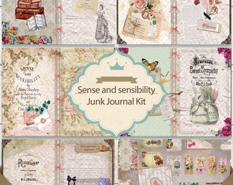 Junk Journal Kit "Sense and Sensibility" - 23 Printable Romantic Journaling pages / Instant download scrapbooking set/ Jane Austin journal
