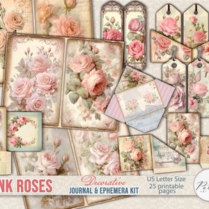 Junk Journal, Vintage,Shabby Chic Pink Roses Journal Pages & Ephemera, Labels, Flowers,Printable Digital Download, Scrapbooking Floral Pages