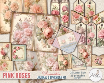 Junk Journal, Vintage, Shabby Chic Pink Roses Journal Seiten & Ephemera, Etiketten, Blumen, druckbarer digitaler Download, Scrapbooking Blumenseiten