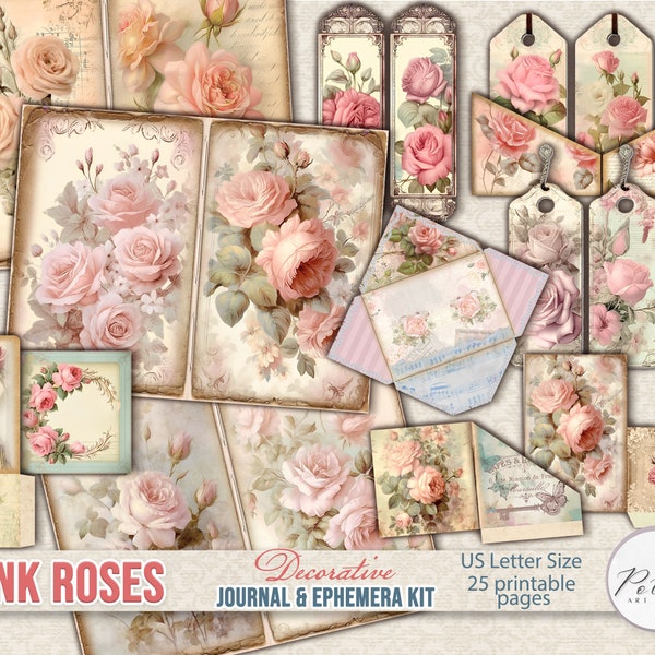 Diario spazzatura, Pagine di diario vintage, shabby chic con rose rosa e oggetti effimeri, Etichette, Fiori, Download digitale stampabile, Pagine floreali di Scrapbooking