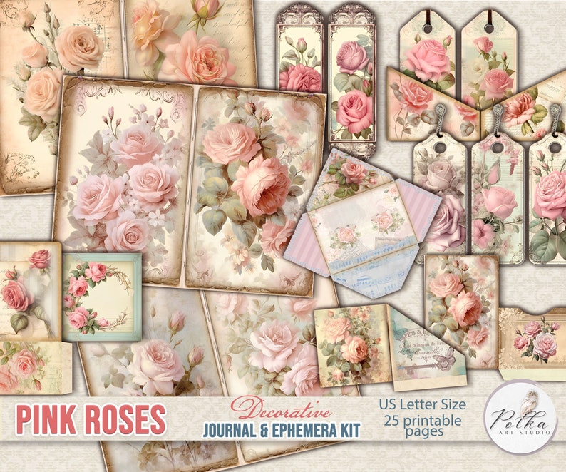 Journal indésirable, vintage, pages de journal shabby Chic roses roses et éphémères, étiquettes, fleurs, téléchargement numérique imprimable, pages florales de scrapbooking image 1