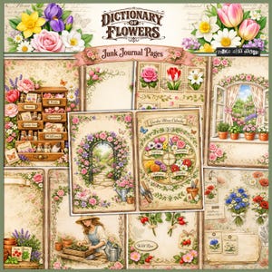May include: A collection of vintage-style junk journal pages with floral and botanical themes. The pages include illustrations of flowers, garden scenes, and a calendar. The text "Dictionary of Flowers" and "Junk Journal Pages" are visible.