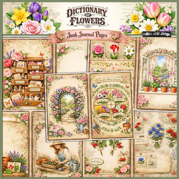 Páginas para diario creativo con diccionario de flores / Kit de diario floral botánico / Páginas imprimibles de jardín vintage / Kit floral shabby chic