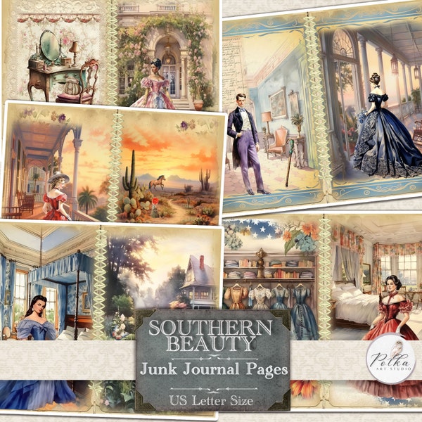 Digital Vintage Junk Journal Kit,  Southern Beauty, Elegant Ladies, Journal, Vintage Victorian Pages, Collage Vintage Papers, Romantic Paper