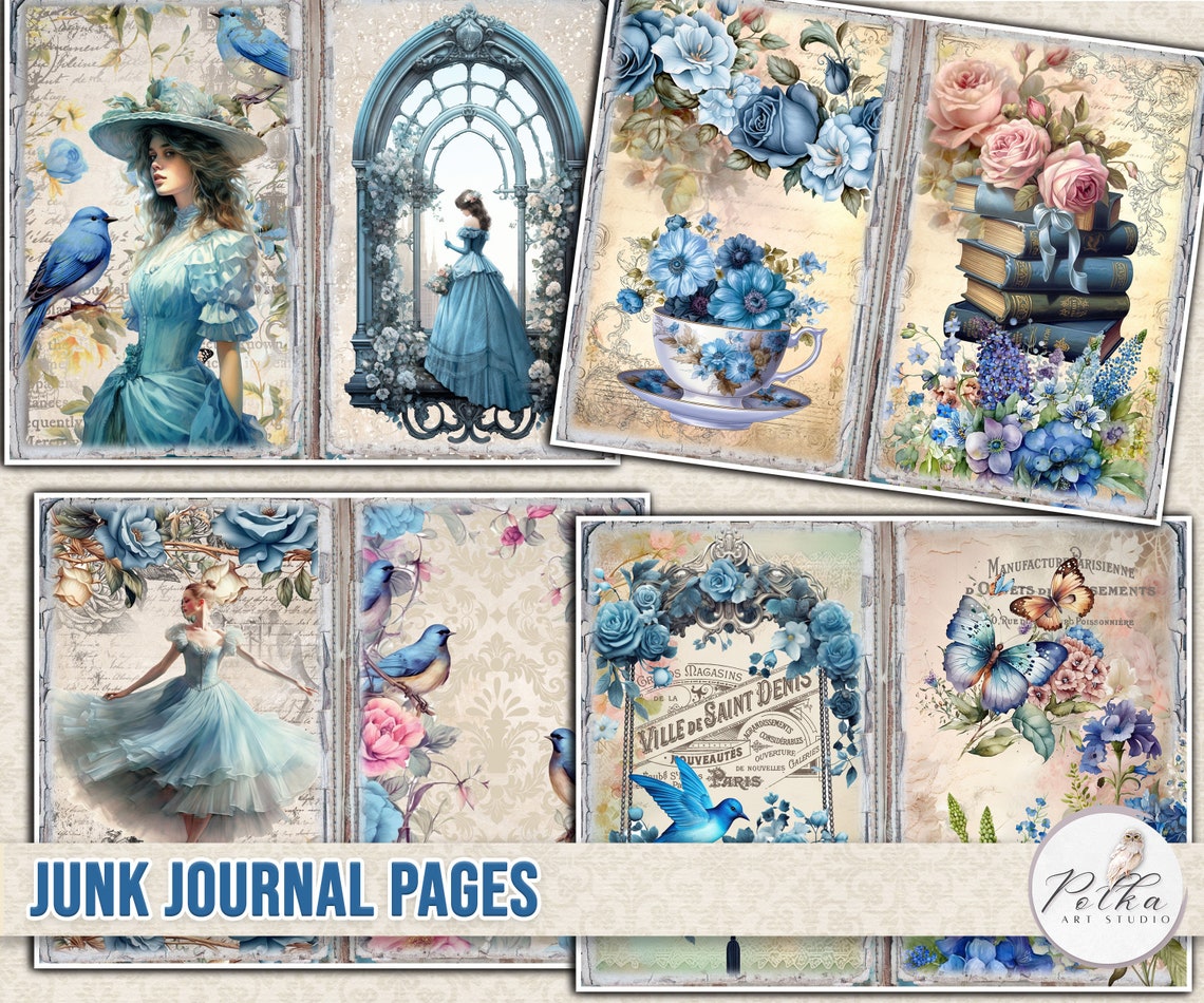 Blue Floral Junk Journal Kit: Vintage Printable Collage Sheets (digital ...