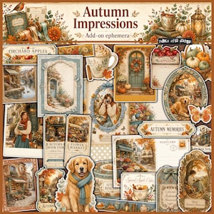 May include: A collection of Autumn Impressions add-on ephemera featuring various seasonal illustrations including a golden retriever, pumpkins, apples, cozy mugs, autumn landscapes, and floral motifs with text labels like Autumn Memories and Orchard Apples.