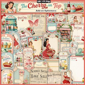 Puede incluir: Un collage de efímeras de estilo vintage con el tema "Cherry on Top". El diseño presenta ilustraciones de cerezas, helados, fuentes de soda y mujeres retro. Incluye postales, tarjetas de recetas y etiquetas.