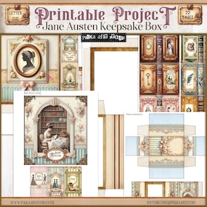 May include: Printable project for a Jane Austen keepsake box. The project includes 22 pages of printable designs featuring a vintage aesthetic with floral patterns, books, and a silhouette of a woman. The box front cover features a woman reading in a library setting.