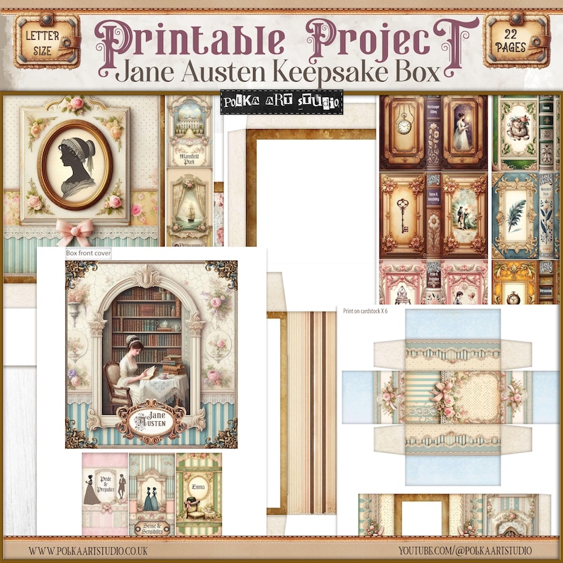 May include: Printable project for a Jane Austen keepsake box. The project includes 22 pages of printable designs featuring a vintage aesthetic with floral patterns, books, and a silhouette of a woman. The box front cover features a woman reading in a library setting.