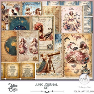 Digital Junk Journal Sternzeichen, Astrologie, Papier Pack viktorianischen Sternzeichen Papier, Digi Kit, druckbares Vintage Bastelset, Vintage Collage