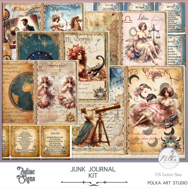 Digital Junk Journal Zodiac, Astrology, Paper Pack Victorian Star Signs Paper, Digi Kit, Printable Vintage Craft Kit, Vintage Collage