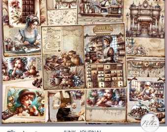 Digital Junk Journal Kit, Schokolade und Kaffee Journaling Papiere, viktorianische Vintage dekorative Papiere, digitaler Download, Digi Kit