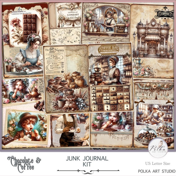 Kit de diario basura digital, artículos de diario de chocolate y café, papeles decorativos vintage victorianos, descarga digital, kit Digi