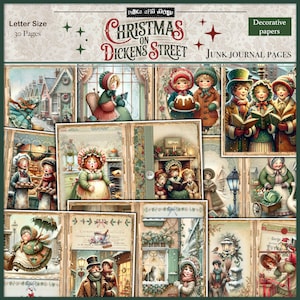 Può includere: Pagine di diario spazzatura decorative con il tema Christmas on Dickens Street. Le pagine presentano illustrazioni vintage di scene dell'epoca vittoriana, tra cui persone, edifici e decorazioni natalizie. Il testo "Christmas on Dickens Street" è visualizzato in alto.