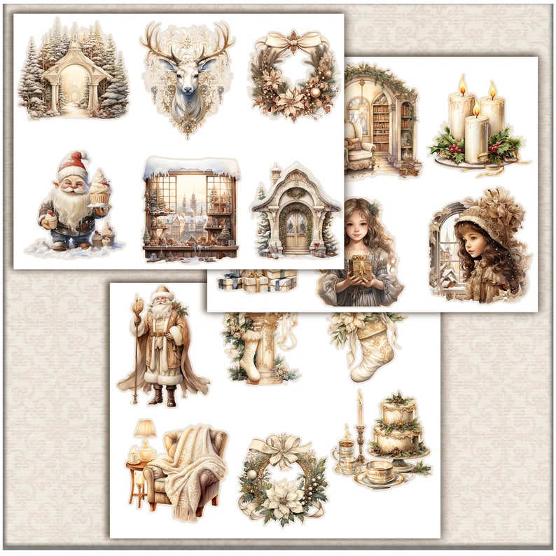 Junk Journal Fussy Cuts Fantasy Beige Christmas Collection, Digital Download, Cricut, Digital Stickers, Victorian Ephemera,Planner Stickers image 6