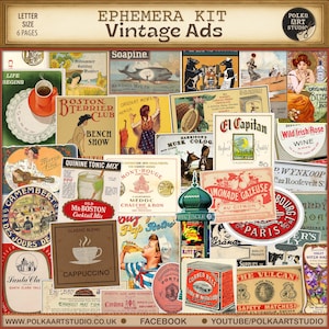 Kit di diario vintage con stampa digitale e immagini effimere – Etichette e poster retrò / Kit di diario spazzatura Polka Art Studio, abbellimenti vittoriani