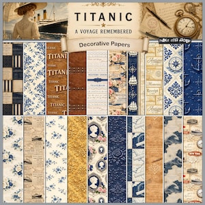 Peut inclure: Une collection de papiers décoratifs sur le thème vintage du Titanic. Les papiers présentent divers motifs, notamment des motifs floraux, des éléments nautiques et du texte historique. La palette de couleurs comprend des bleus, des bruns et des crèmes.