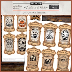 May include: A sheet of apothecary labels with a vintage design. The labels feature various spooky themes, including "Doomsday Tonic," "Witch's Brew," and "Midnight Apparition." The labels are printed on a cream-colored paper with brown accents.