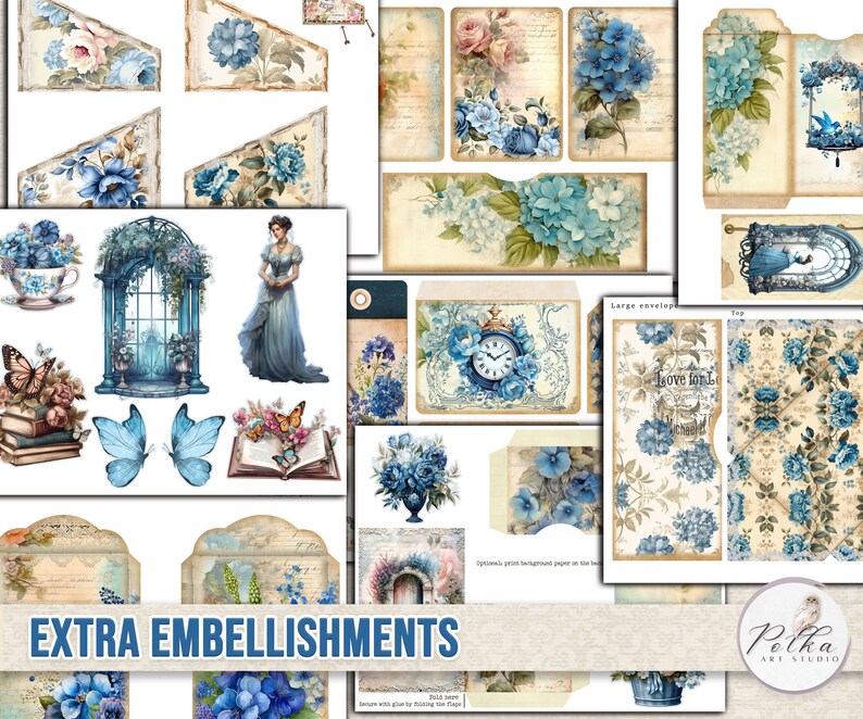 Blue Floral Junk Journal Kit: Vintage Printable Collage Sheets (digital ...